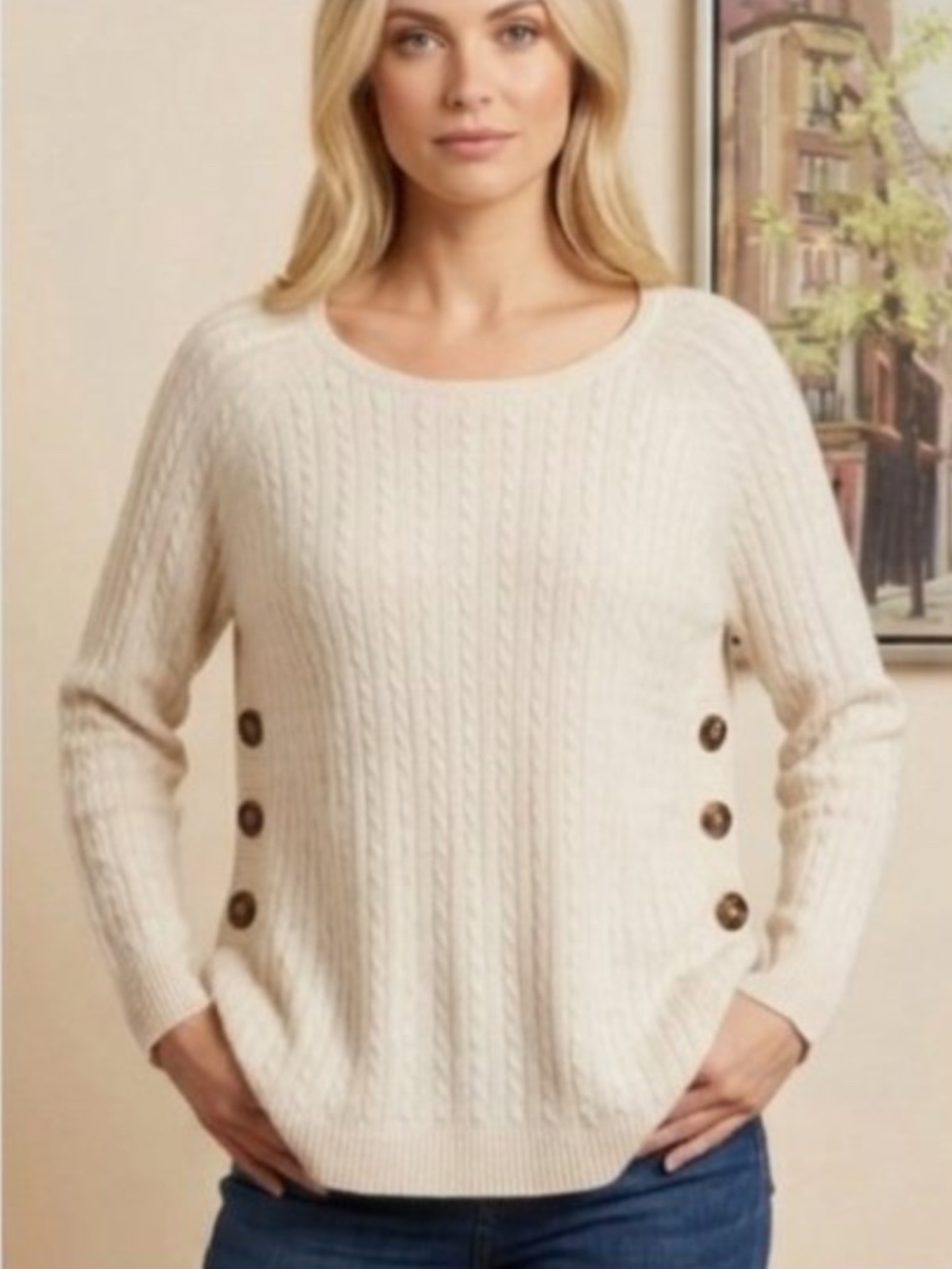 NWOT Lusso 100% Cashmere Cable Knit Button Side Poncho Sweater Oatmeal XL / 1X